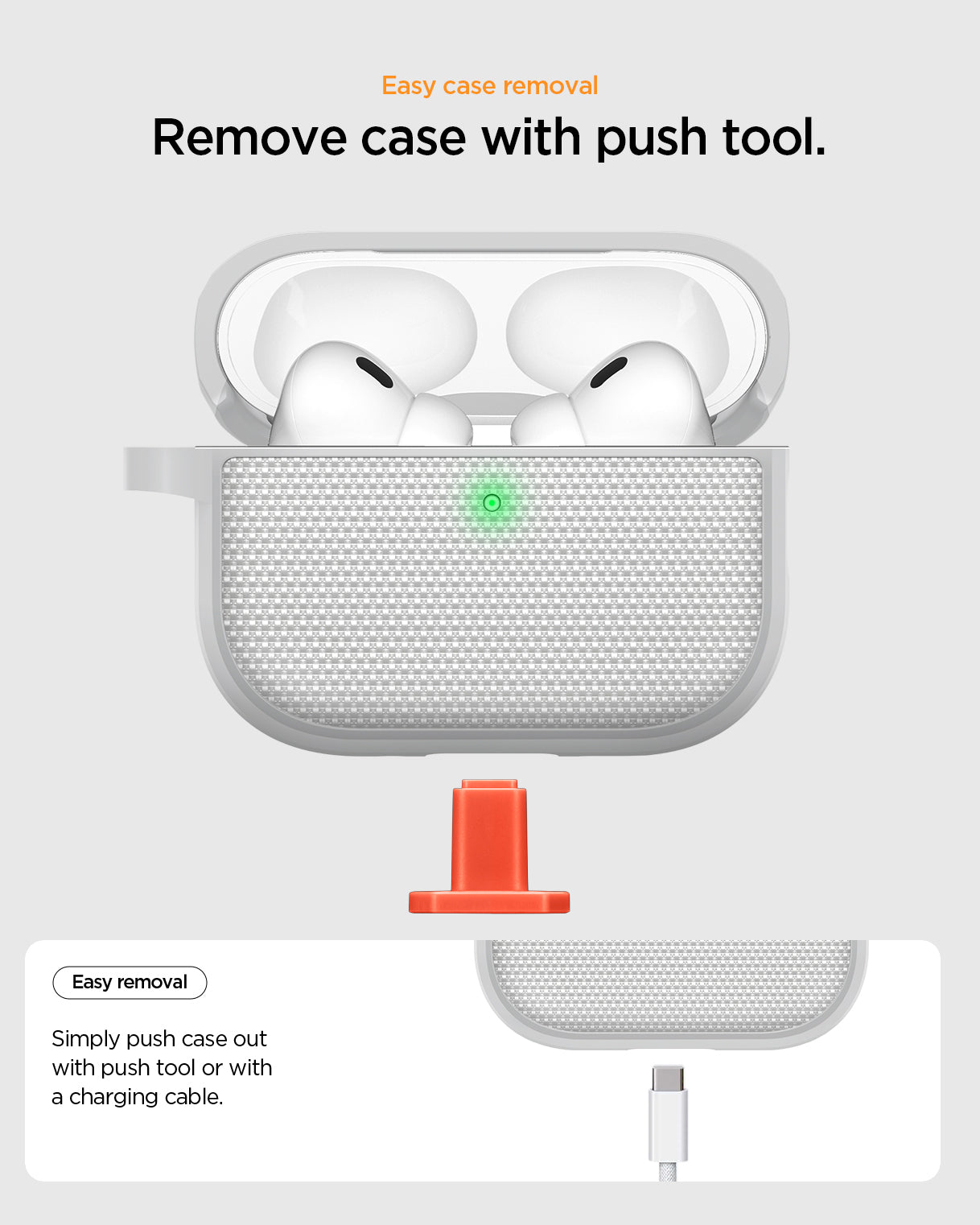ACS11144 - AirPods Pro 3 Classic Fit case demonstrating easy case removal using included push tool, showing push-out method from the bottom opening for quick and safe removal