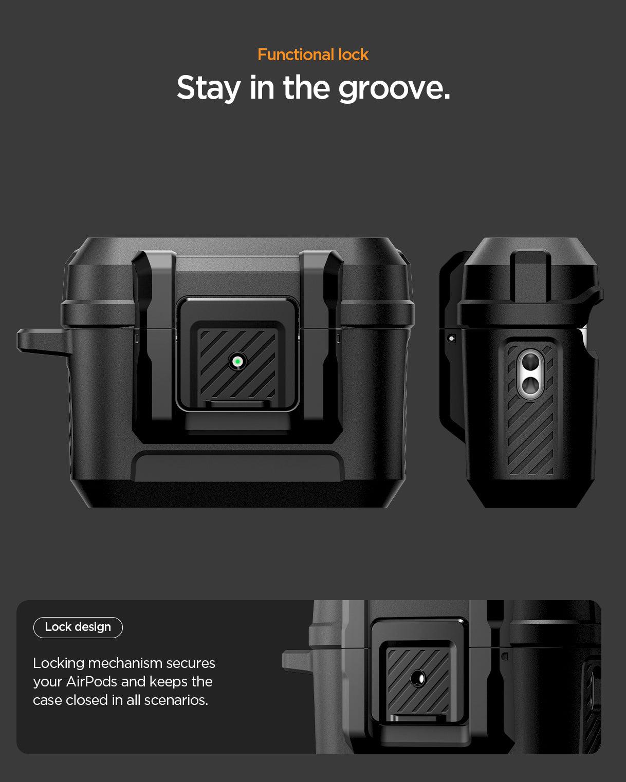 ACS09825 - AirPods Pro 3 Lock Fit in Matte Black showing functional lock. stay in the groove. lock design. locking mechanism secures your airpods and keeps the case closed in all scenarios