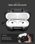 ACS09825 - AirPods Pro 3 Lock Fit in Matte Black showing easy unlock. open safe and sound. quick access. magnets between the cap and body for quick and easy one handed unlocking