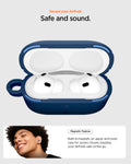 ACS09828 - AirPods Pro 3 Spigen Vault in Navy Blue showing secure your airpods. safe and sound. Magnetic feature. Built in magnets on upper and lower case for secure closure, keeping your airpods safe on the go