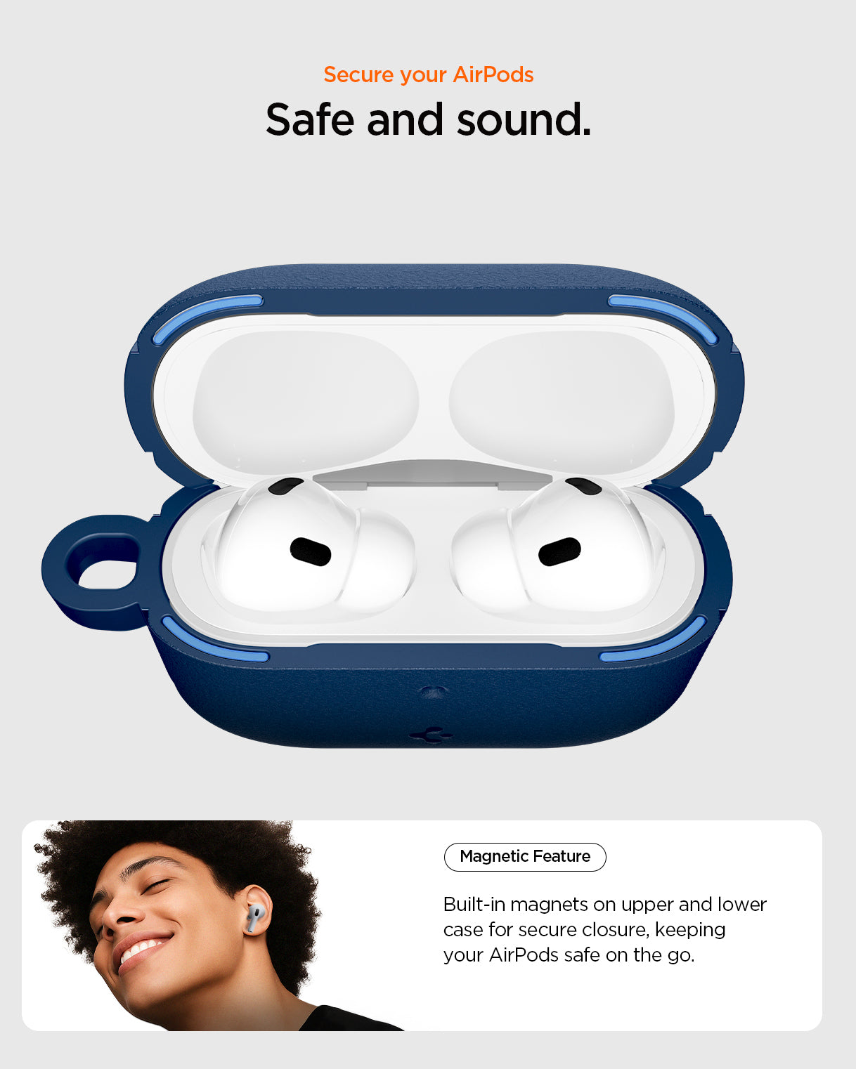 ACS09828 - AirPods Pro 3 Spigen Vault in Navy Blue showing secure your airpods. safe and sound. Magnetic feature. Built in magnets on upper and lower case for secure closure, keeping your airpods safe on the go