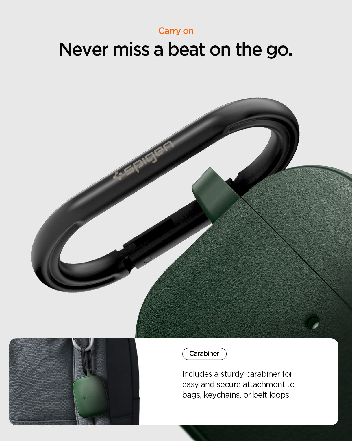 ACS09827 - AirPods Pro 3 Spigen Vault in Midnight Green showing carry on. Never miss a beat on the go
