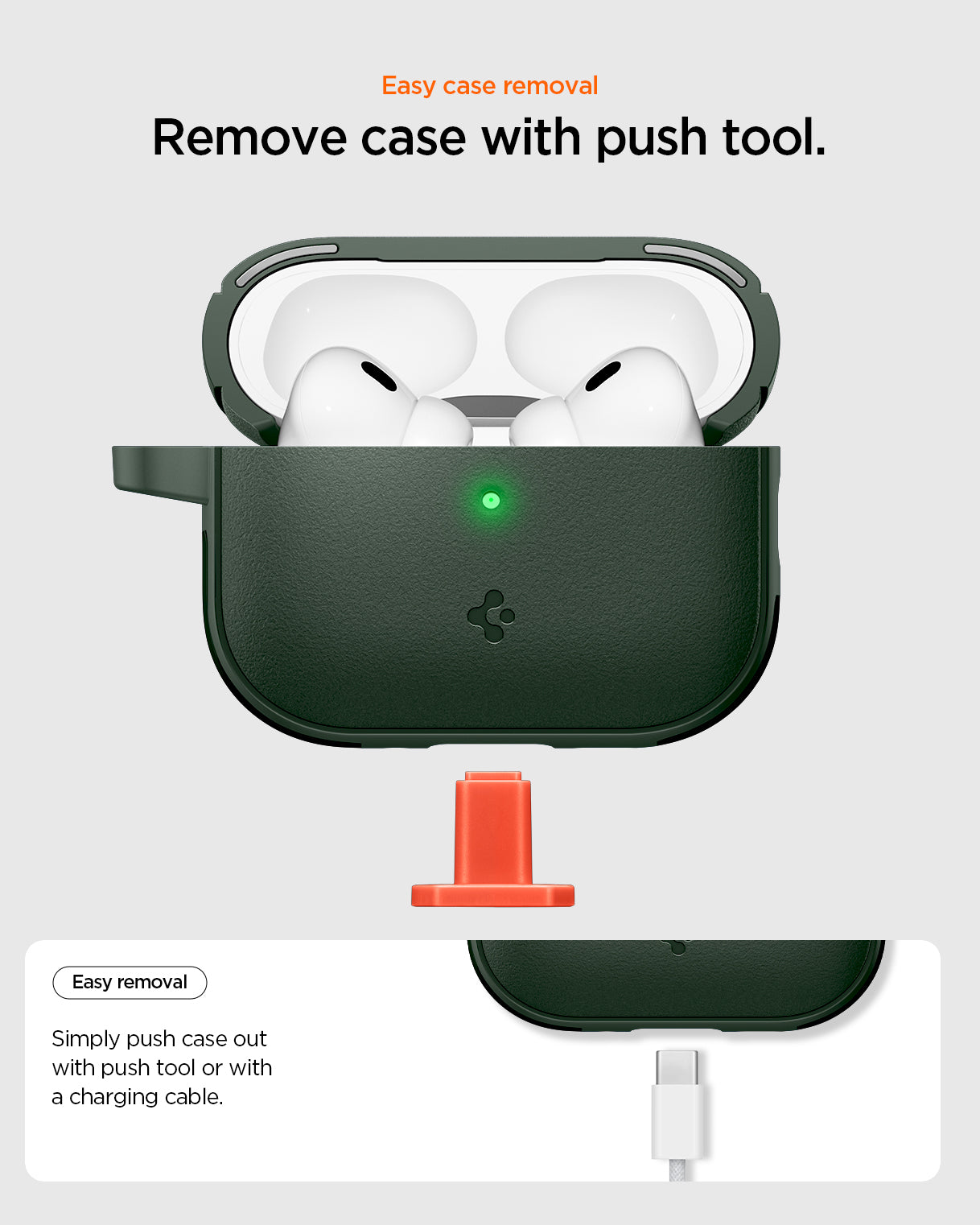 ACS09827 - AirPods Pro 3 Spigen Vault in Midnight Green showing easy case removal. Push case out with cable