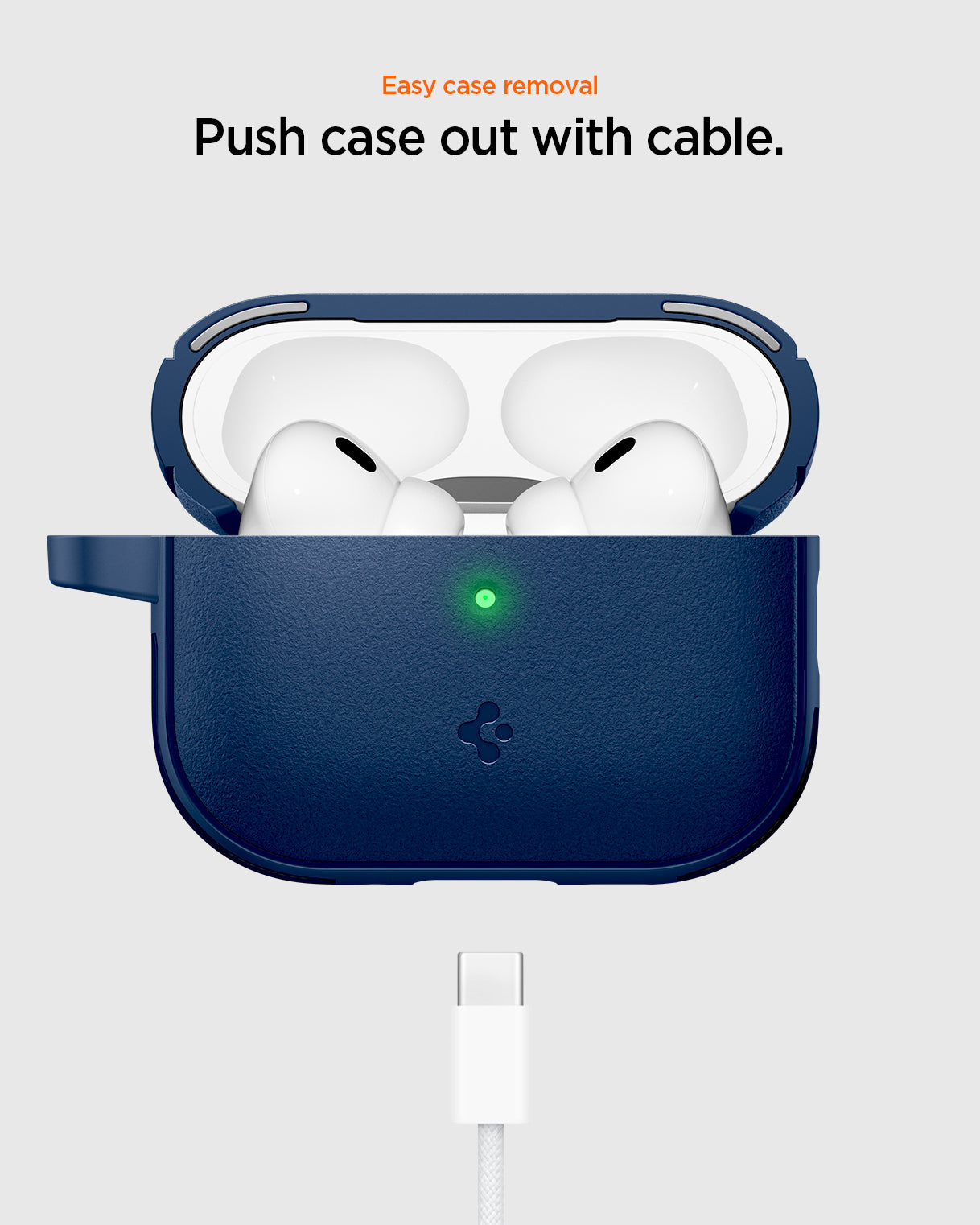 ACS09828 - AirPods Pro 3 Spigen Vault in Navy Blue showing easy case removal. Push case out with cable