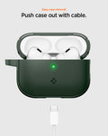 ACS09827 - AirPods Pro 3 Spigen Vault in Midnight Green showing easy case removal. Push case out with cable