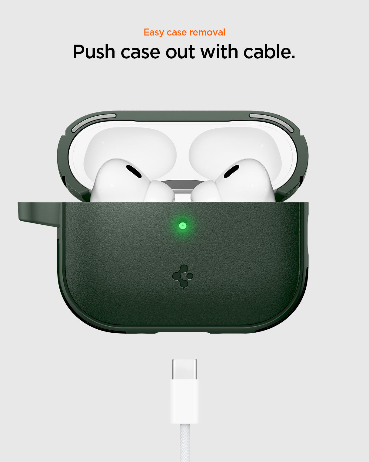 ACS09827 - AirPods Pro 3 Spigen Vault in Midnight Green showing easy case removal. Push case out with cable