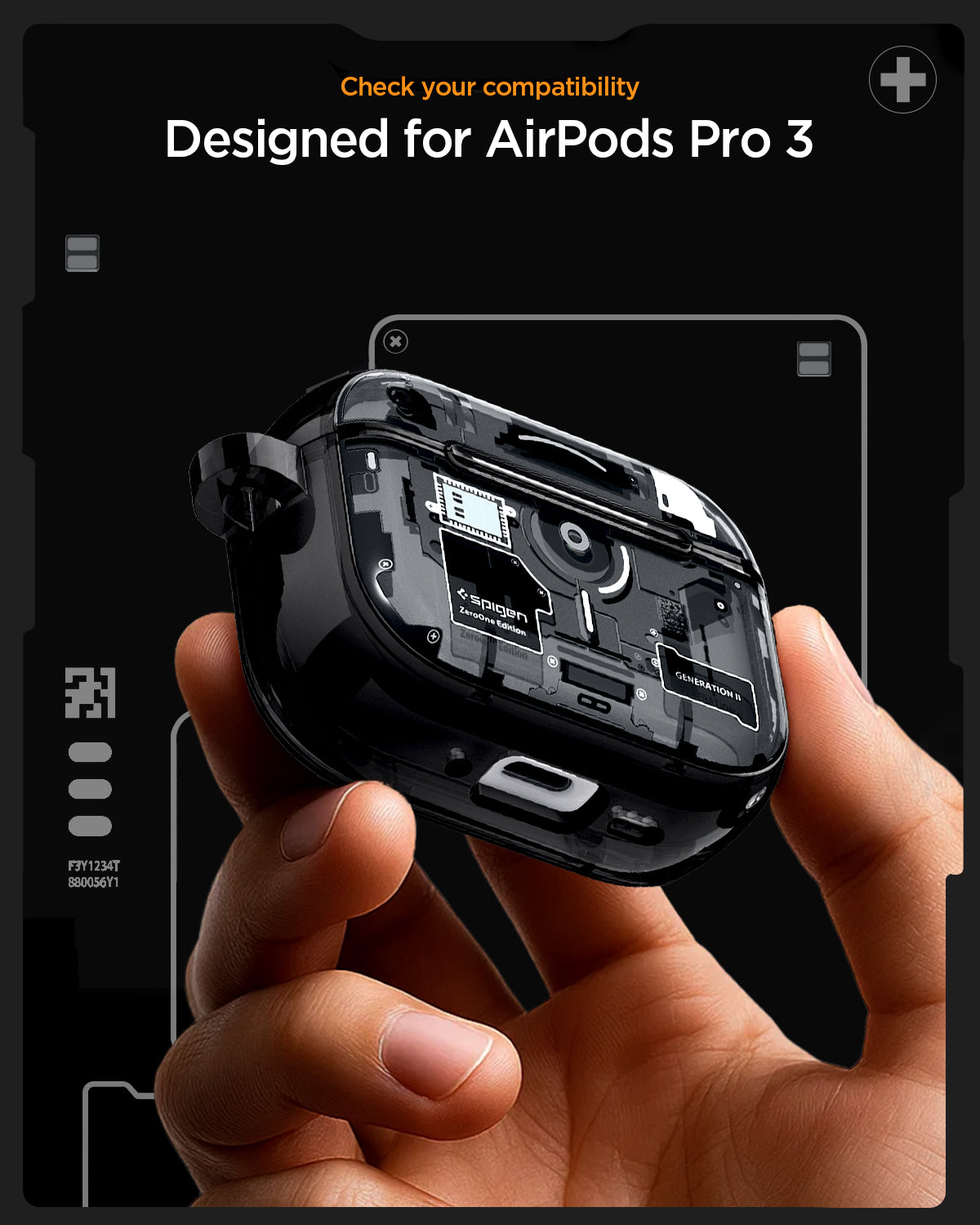 ACS09823 - AirPods Pro 3 Series Ultra Hybrid Zero One (MagFit) in Zero One Black showing check your compatibility. Designed for airpods pro 3