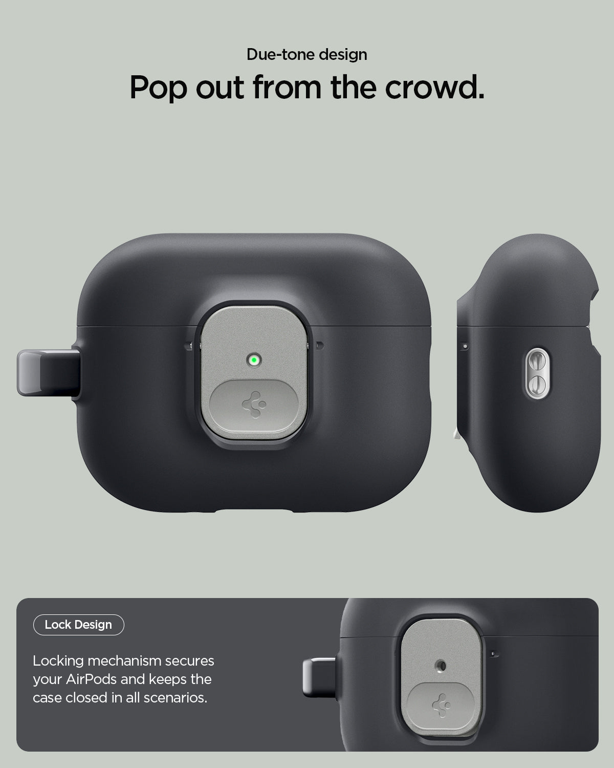 ACS10133 - AirPods Pro 3 Nano Pop in Black Sesame showing due tone design. pop out from the crowd. Lock design. locking mechanism secures your airpods and keeps the case closed in all scenarios