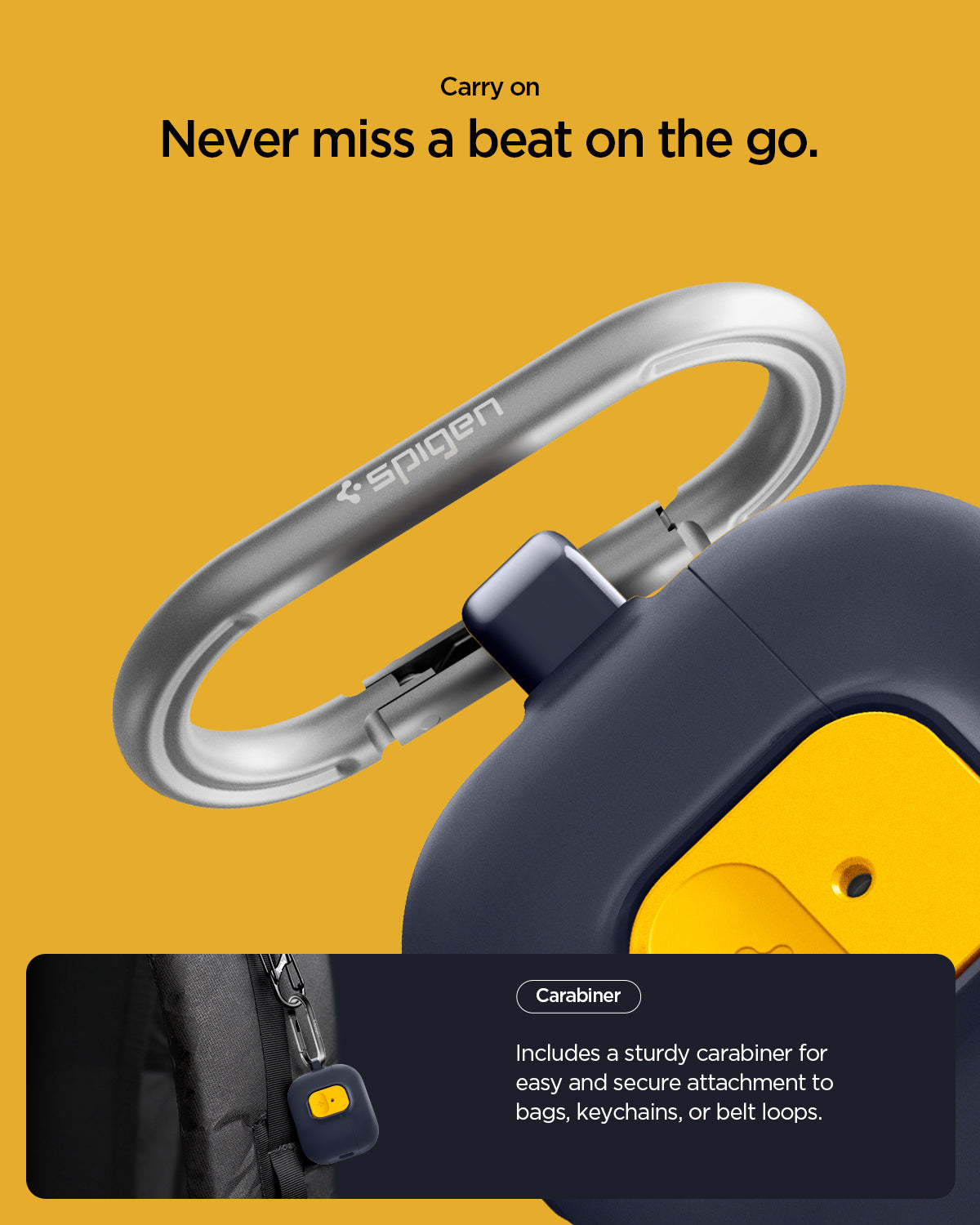 ACS09829 - AirPods Pro 3 Nano Pop in Blueberry Navy showing carry on. never miss a beat on the go. carabiner. includes a sturdy carabiner for easy and secure attachment to bags keychains or belt loops.