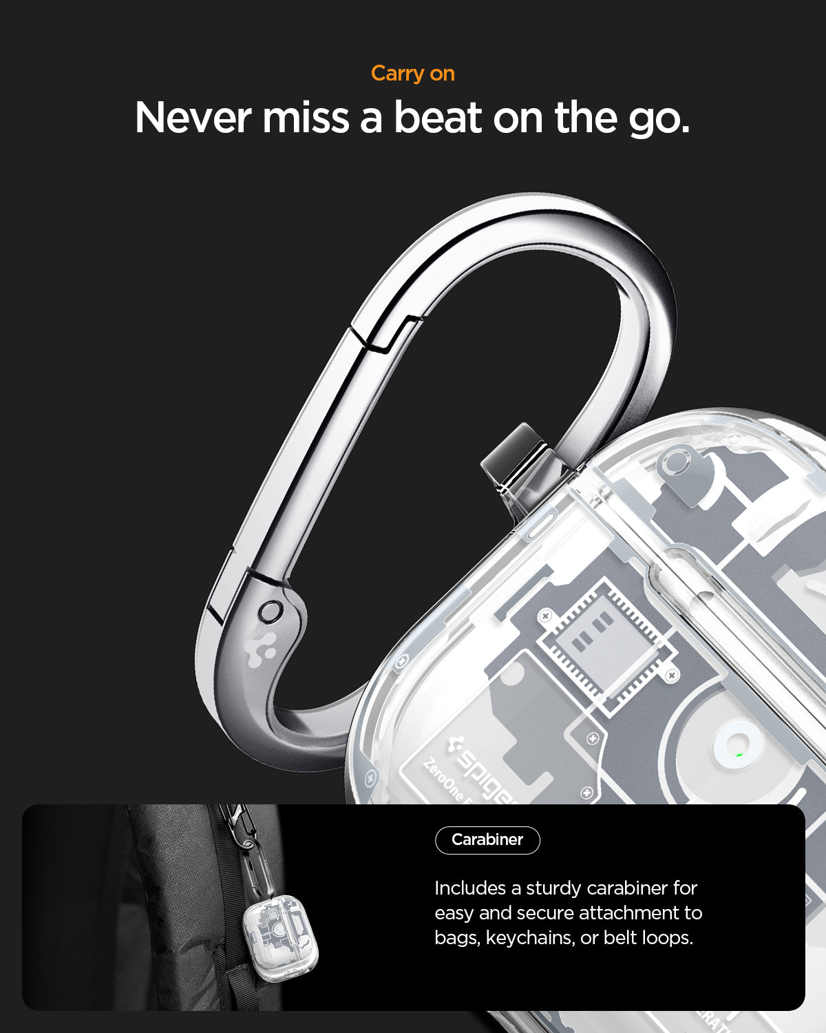 ACS10018 - AirPods Pro 3 Series Ultra Hybrid Zero One (MagFit) in Zero One White showing carry on. never miss a beat on the go. carabiner. includes a sturdy carabiner for easy and secure attachment to bags keychains or belt loops.