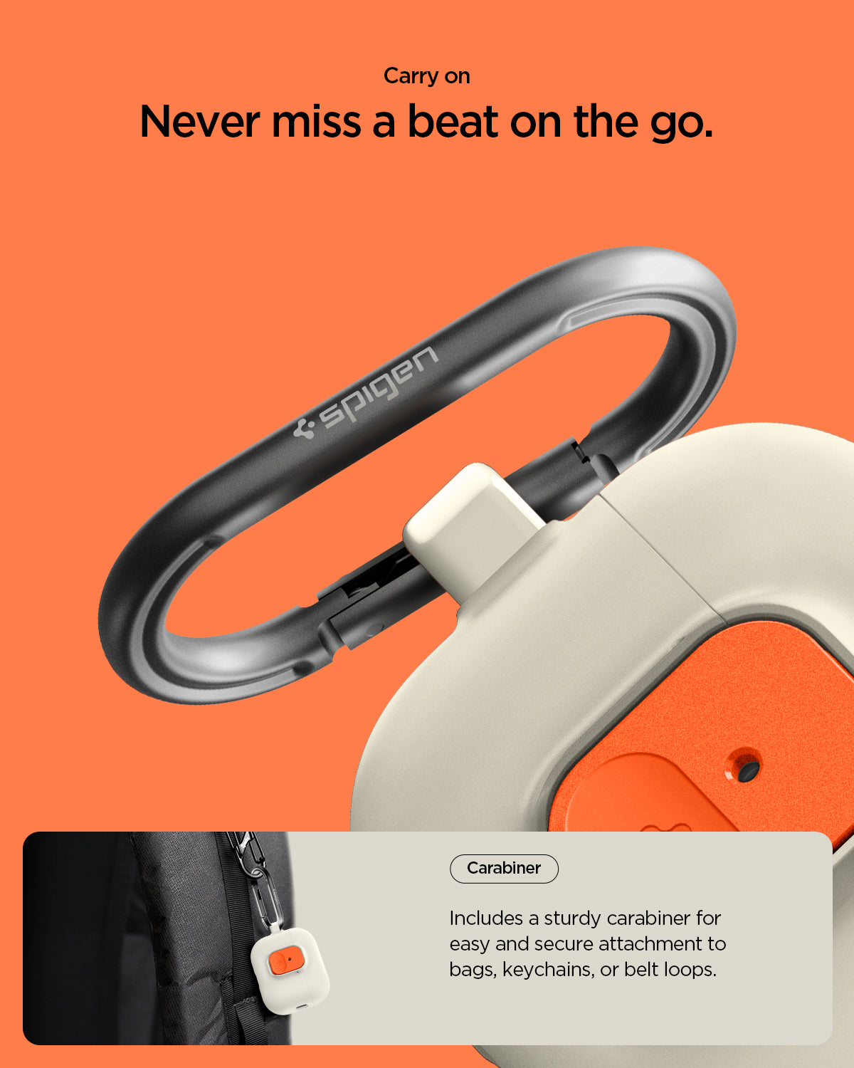 ACS10134 - AirPods Pro 3 Nano Pop in Orange Beige showing carry on. never miss a beat on the go. carabiner. includes a sturdy carabiner for easy and secure attachment to bags keychains or belt loops.