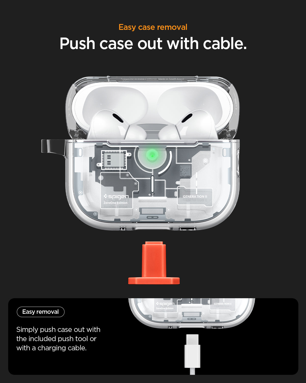 ACS10018 - AirPods Pro 3 Series Ultra Hybrid Zero One (MagFit) in Zero One White showing easy case removal. push case out with cable