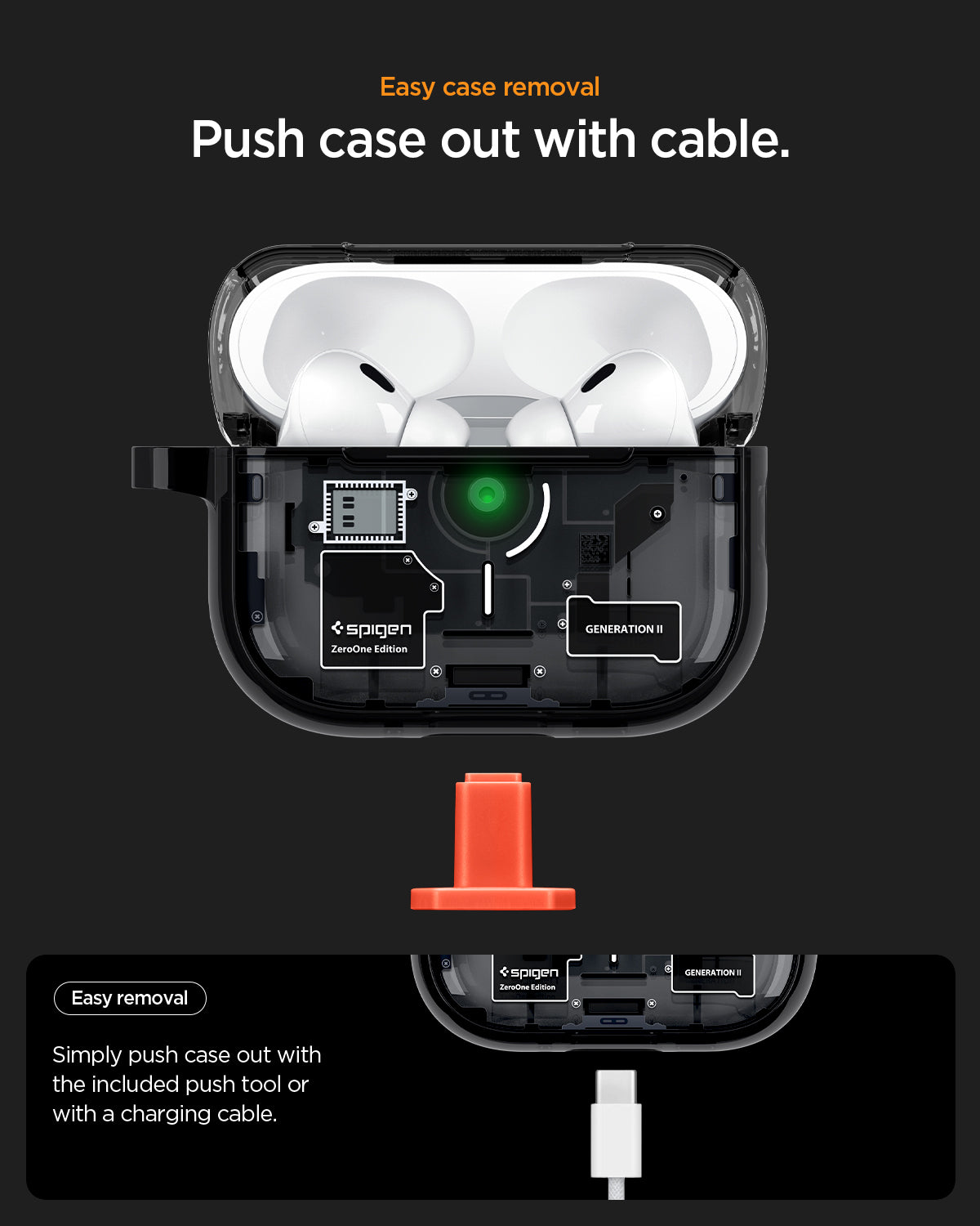 ACS09823 - AirPods Pro 3 Series Ultra Hybrid Zero One (MagFit) in Zero One Black showing easy case removal. push case out with cable