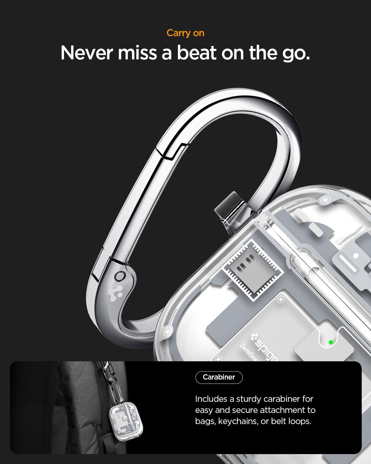 ACS10018 - AirPods Pro 3 Series Ultra Hybrid Zero One (MagFit) in Zero One White showing carry on. never miss a beat on the go. carabiner. includes a sturdy carabiner for easy and secure attachment to bags keychains or belt loops.