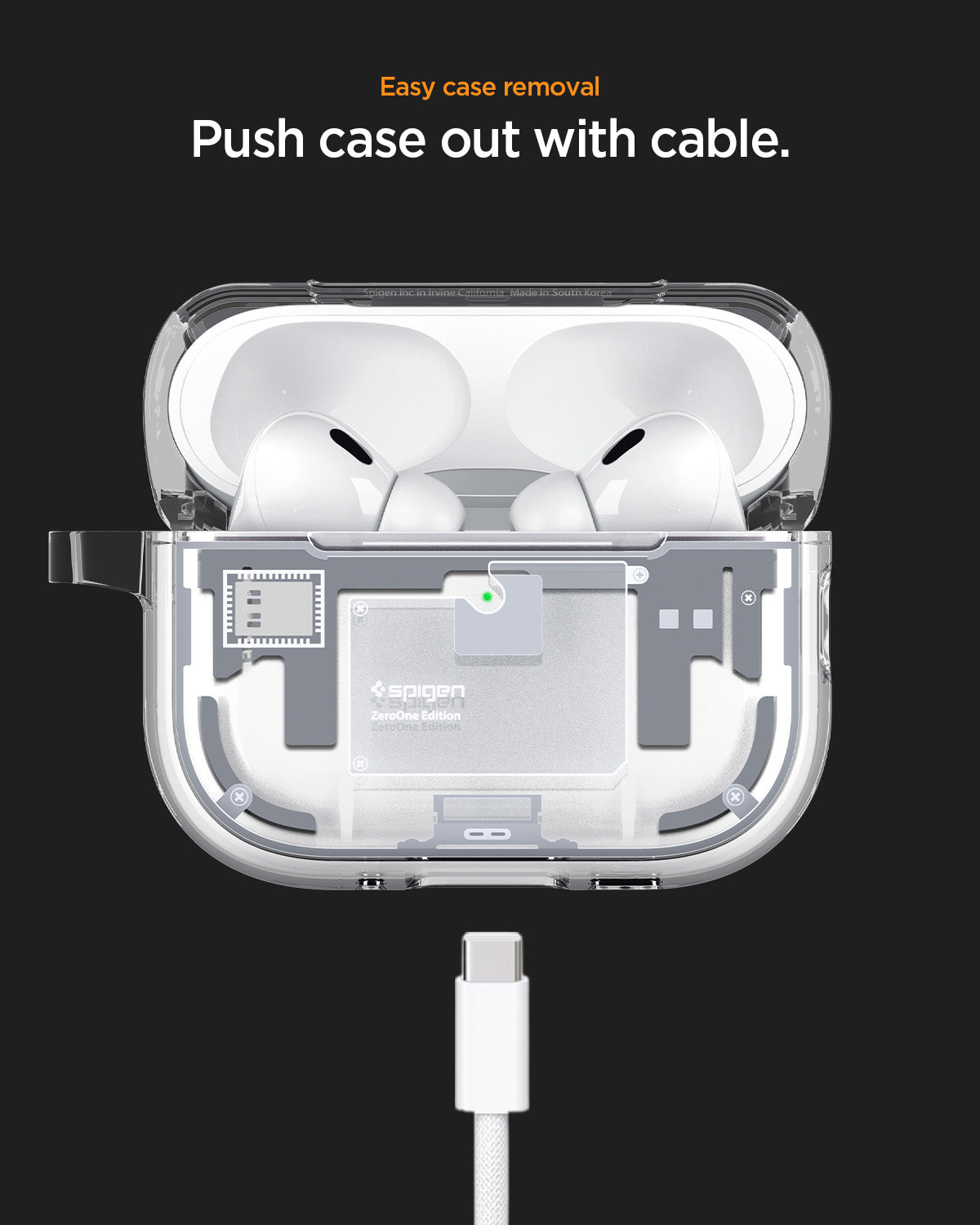 ACS10018 - AirPods Pro 3 Series Ultra Hybrid Zero One (MagFit) in Zero One White showing easy case removal. push case out with cable