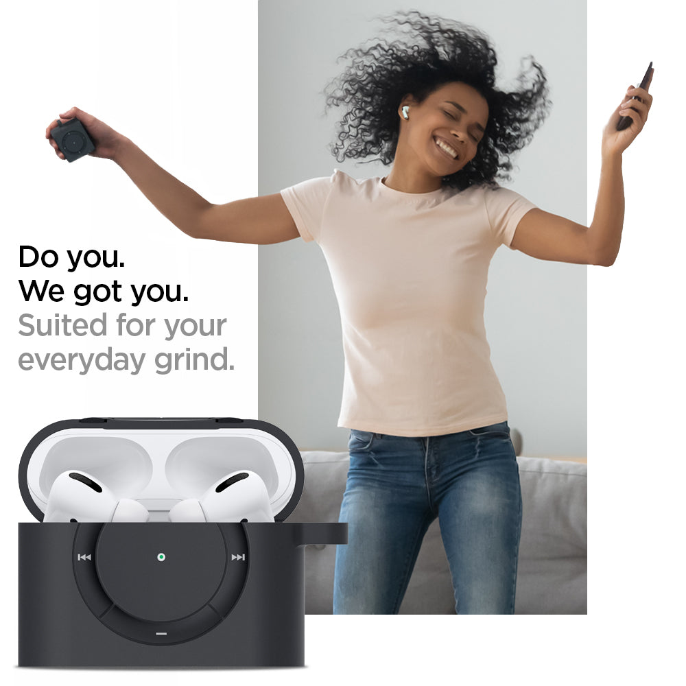 ASD00838 - Apple AirPods Pro Case Classic Shuffle in charcoal gray showing how it is suited for your everyday grind