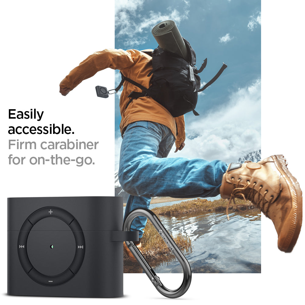 ASD00838 - Apple AirPods Pro Case Classic Shuffle in charcoal gray showing the easy access. Firm carabiner for on-the-go