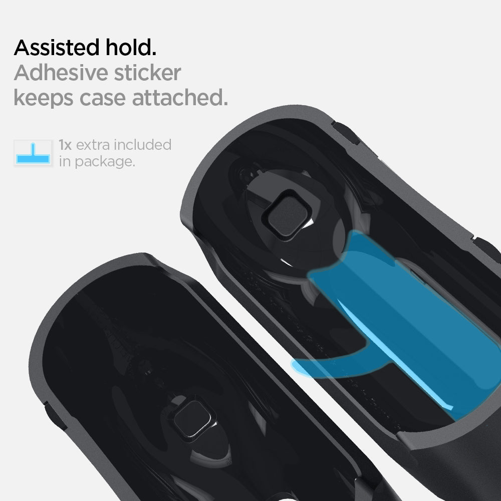 ASD00838 - Apple AirPods Pro Case Classic Shuffle in charcoal gray showing the adhesive sticker keeps case attached with 1x extra included in the package
