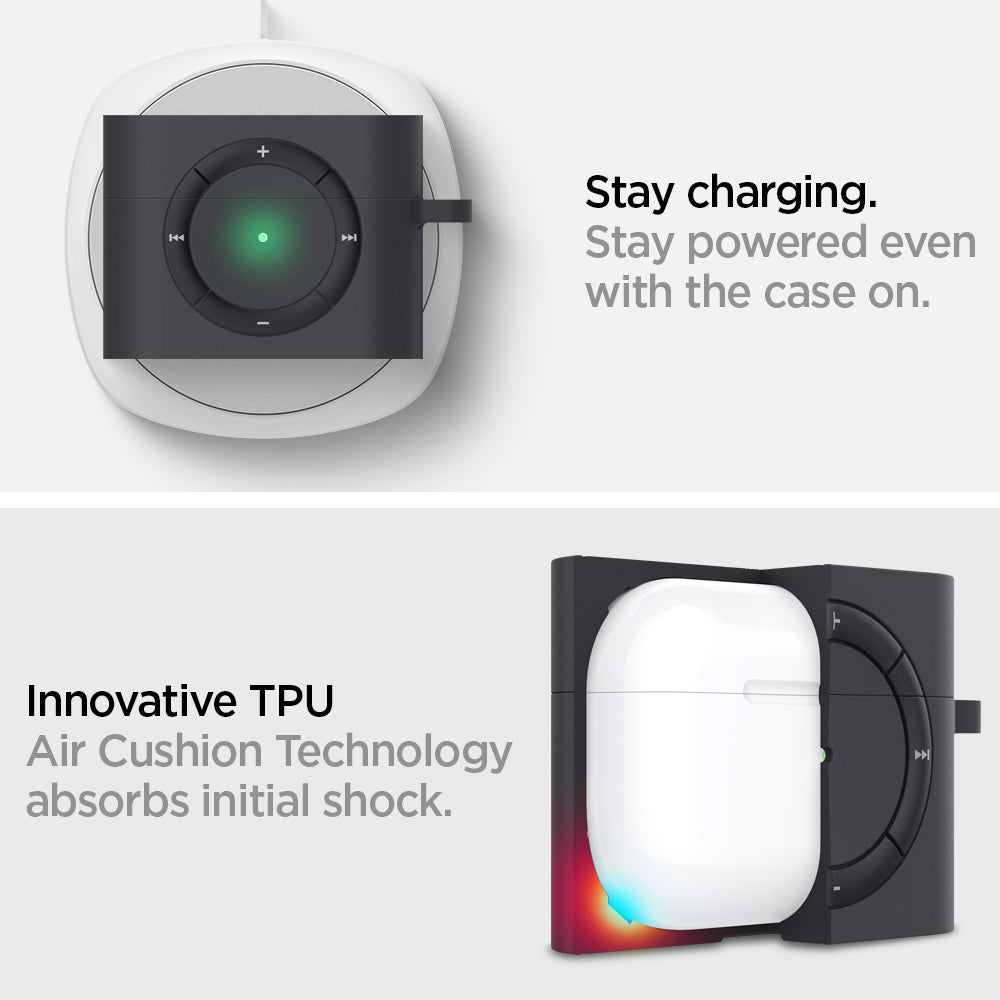 ASD00838 - Apple AirPods Pro Case Classic Shuffle in charcoal gray showing the innovative TPU. Air Cushion Technology absorbs initial shock. Stay powered even with the case on