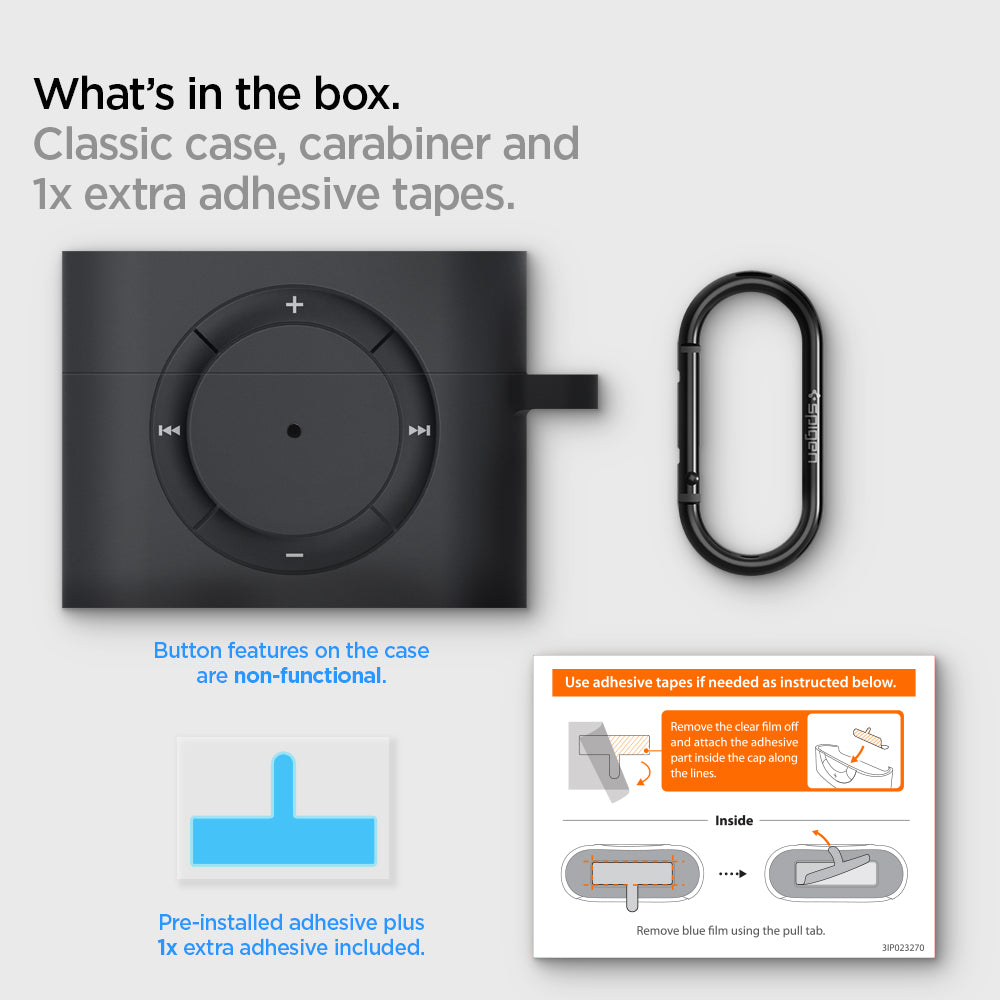ASD00838 - Apple AirPods Pro Case Classic Shuffle in charcoal gray showing what's in the box. Classic case, carabiner and 1x extra adhesive tapes it has button features on the case and are non-functional with pre-installed adhesive 