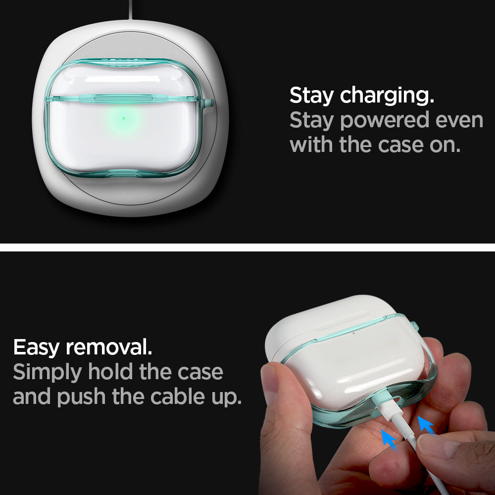 ASD01290 - Apple AirPods Pro Case Ultra Hybrid in green crystal showing the easy removal. Simply hold on the case and push the cable up. Stay powered even  with the case on