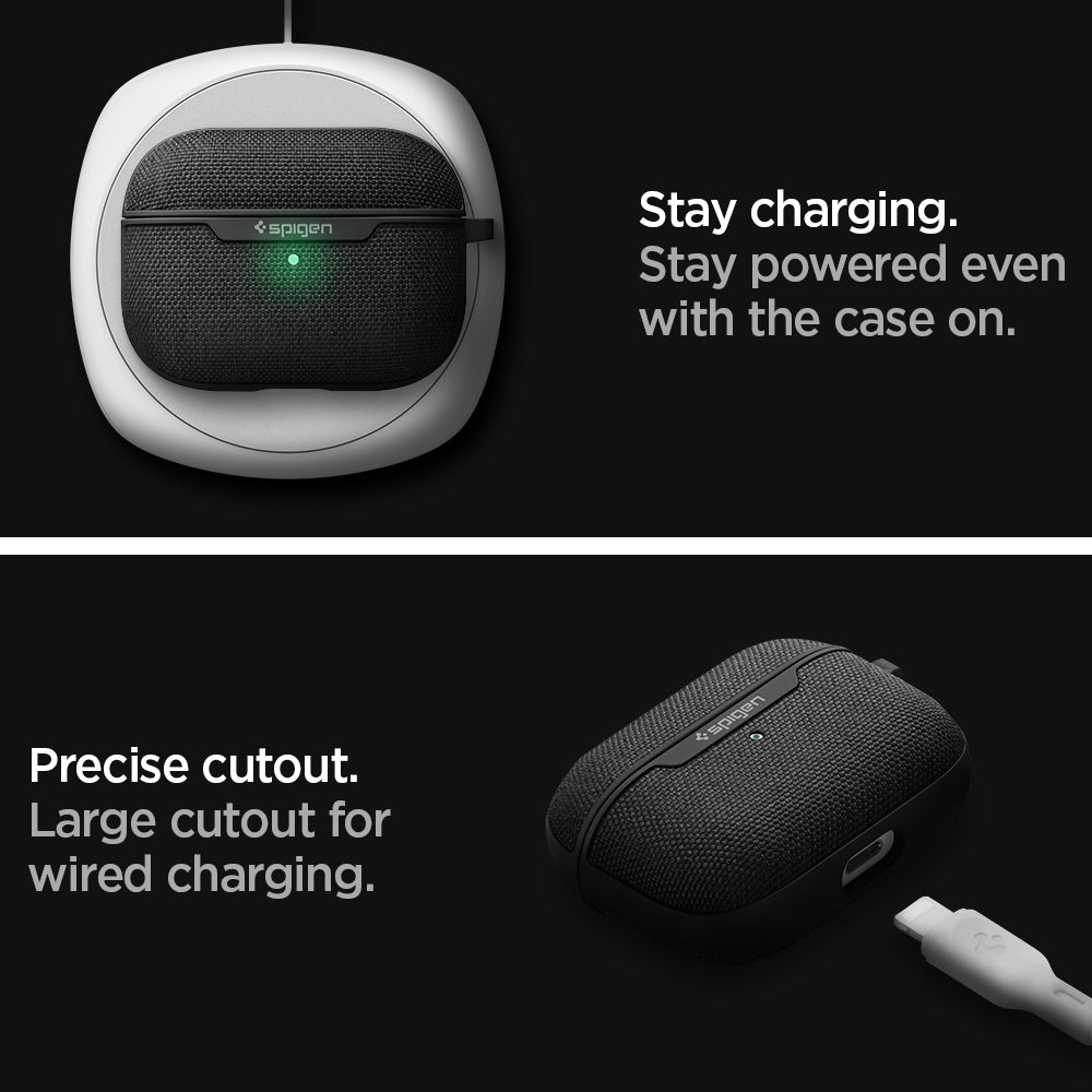 ASD00572 - Apple AirPods Pro Case Urban Fit in black showing it stays charging. Stay powered even with the case on. Precise cutout. Large cutout for wired charging