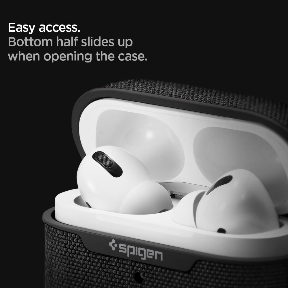 ASD00572 - Apple AirPods Pro Case Urban Fit in black showing the easy access. Bottom half slides up when opening the case