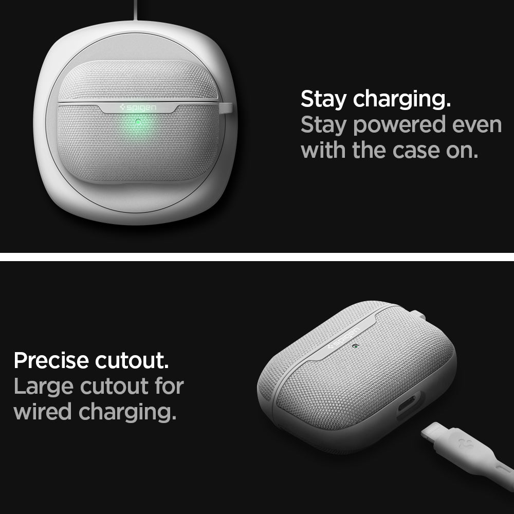 ASD00573 - Apple AirPods Pro Case Urban Fit in gray showing how it stays charging. Stay powered even with the case on. Precise cutout. Large cutout for wired charging