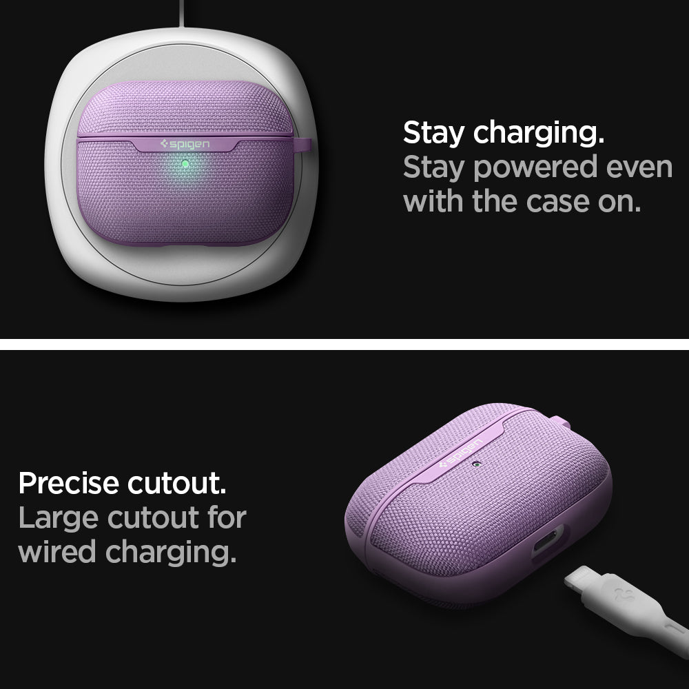 ASD00574 - AirPods Pro Case Urban Fit in Purple showing how it stay charging even with the case on. Precise cutout. Large cutout for wire charging