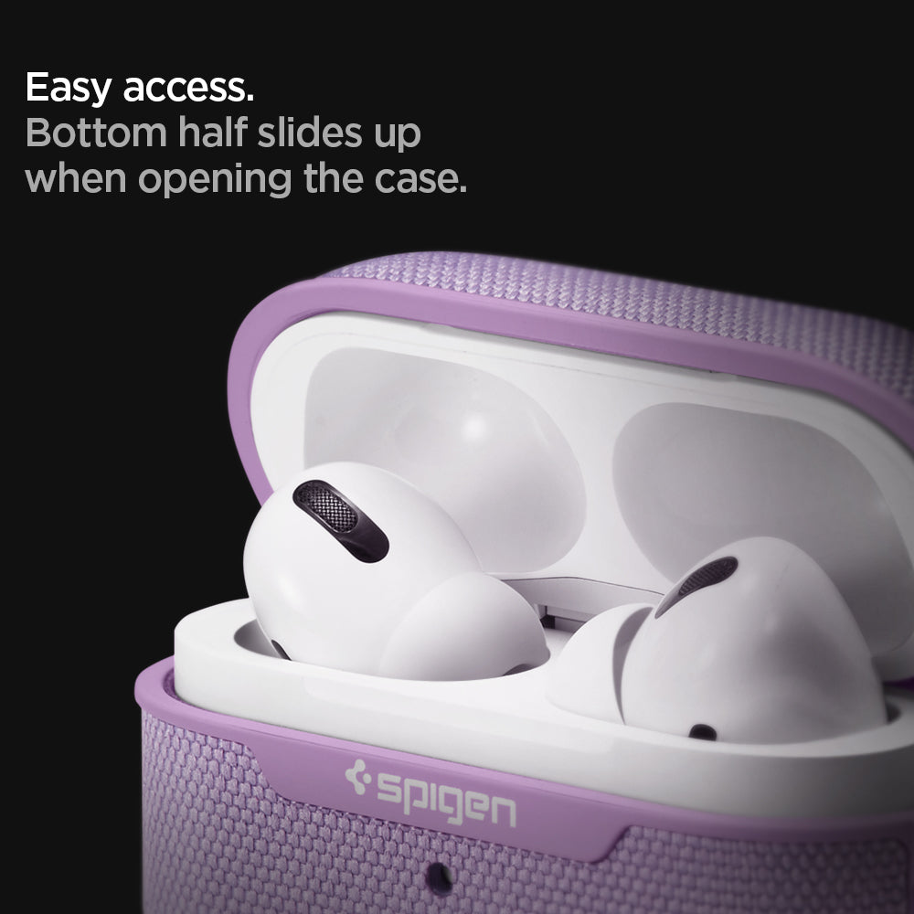 ASD00574 - AirPods Pro Case Urban Fit in Purple showing the easy access. Bottom half slides up when opening the case