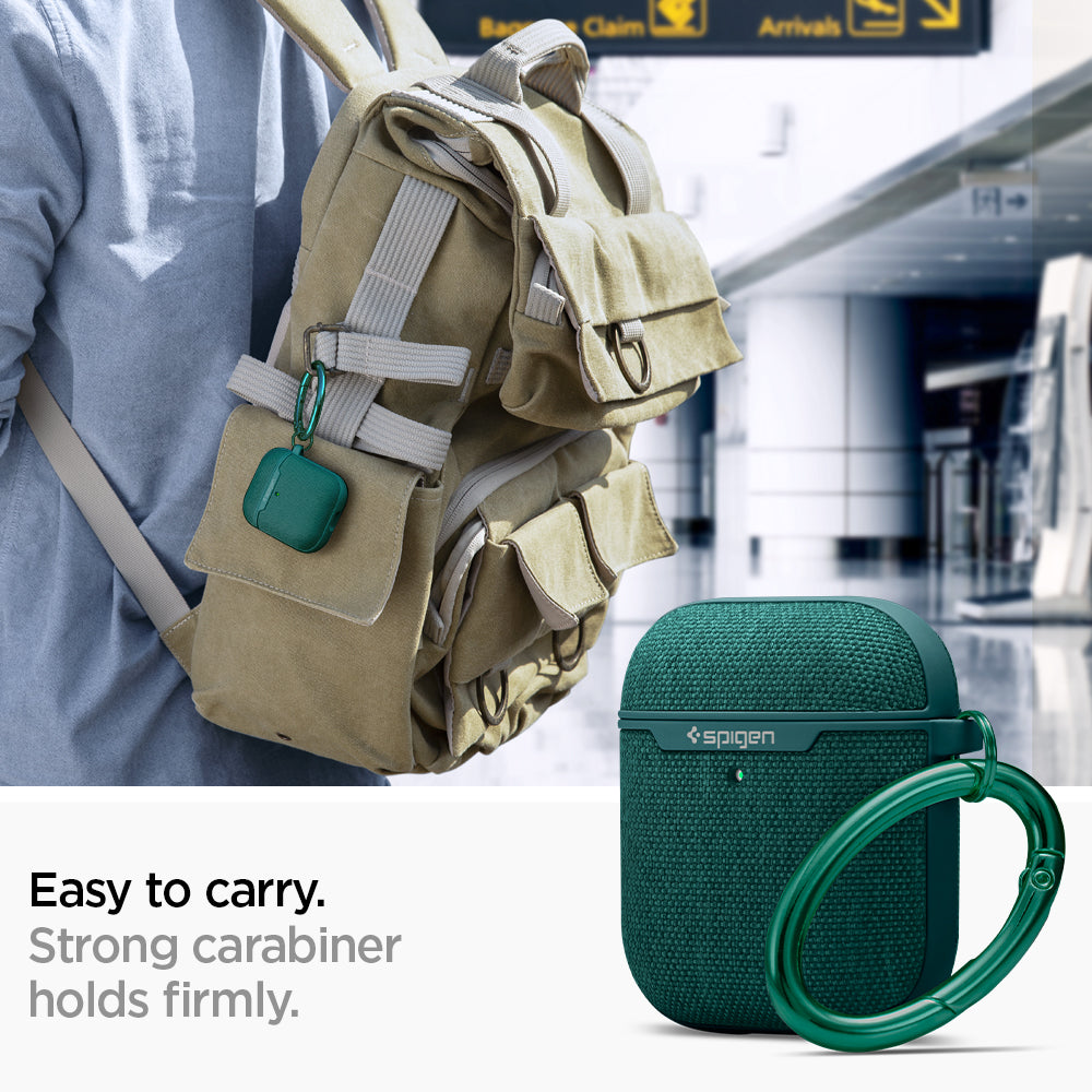 ASD00678 - Apple AirPods 1 / 2 Case Urban Fit in midnight green showing how it is easy to carry. Strong carabiner holds firmly
