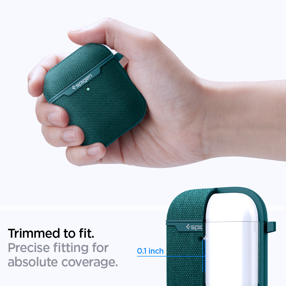 ASD00678 - Apple AirPods 1 / 2 Case Urban Fit in midnight green showing the trimmed to fit. Precise fitting for absolute coverage with 0.1 inch thickness