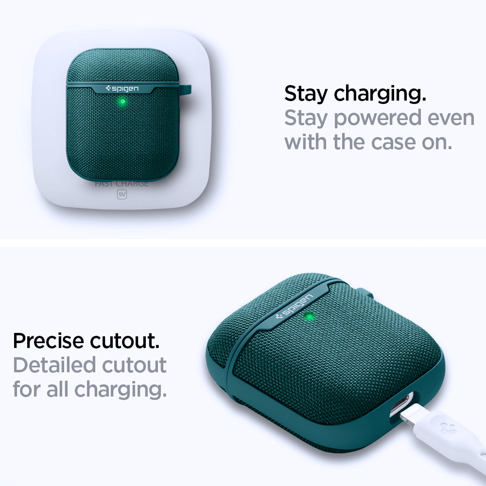 ASD00678 - Apple AirPods 1 / 2 Case Urban Fit in midnight green showing how it stays charging. Stay powered even with the case on. Precise cutout. Detailed cutout for all charging