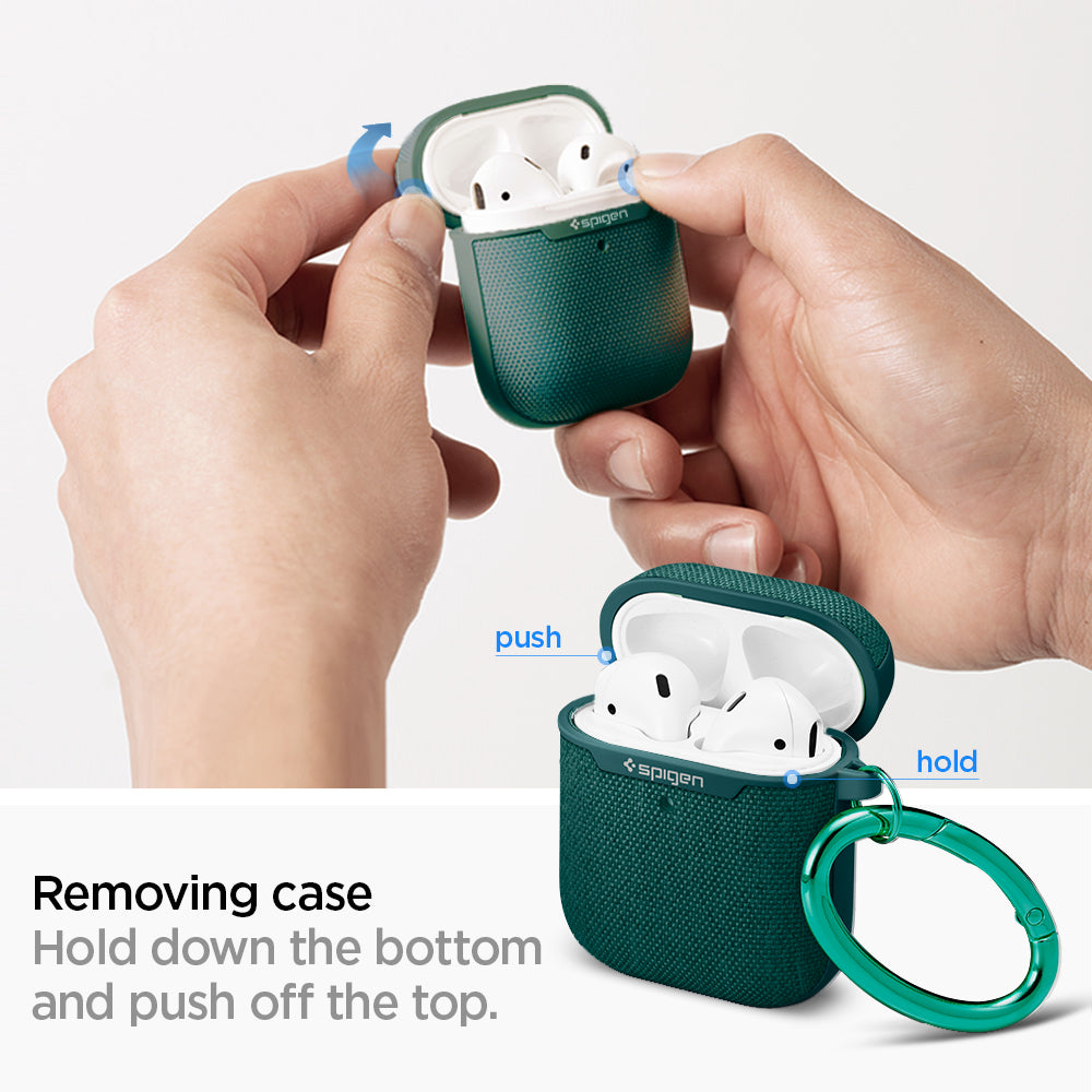 ASD00678 - Apple AirPods 1 / 2 Case Urban Fit in midnight green showing how to remove the case. Hold down the bottom and push off the top