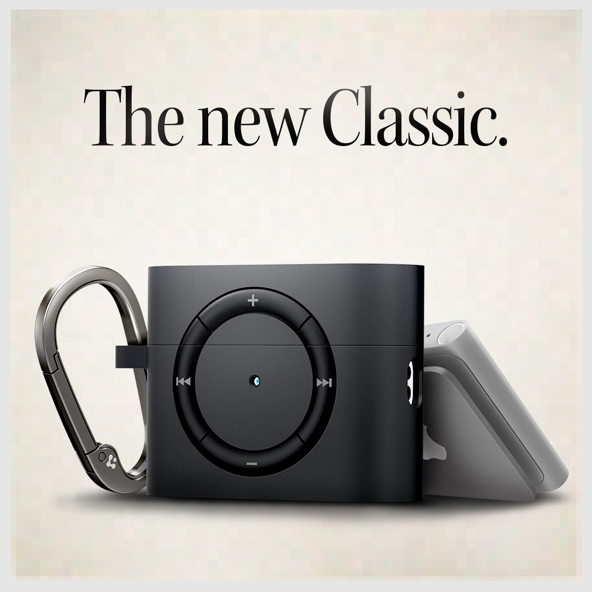 ACS05486 - Apple AirPods Pro 2 Case Classic Shuffle in charcoal showing the new classic facing front and partial side with carabiner attached