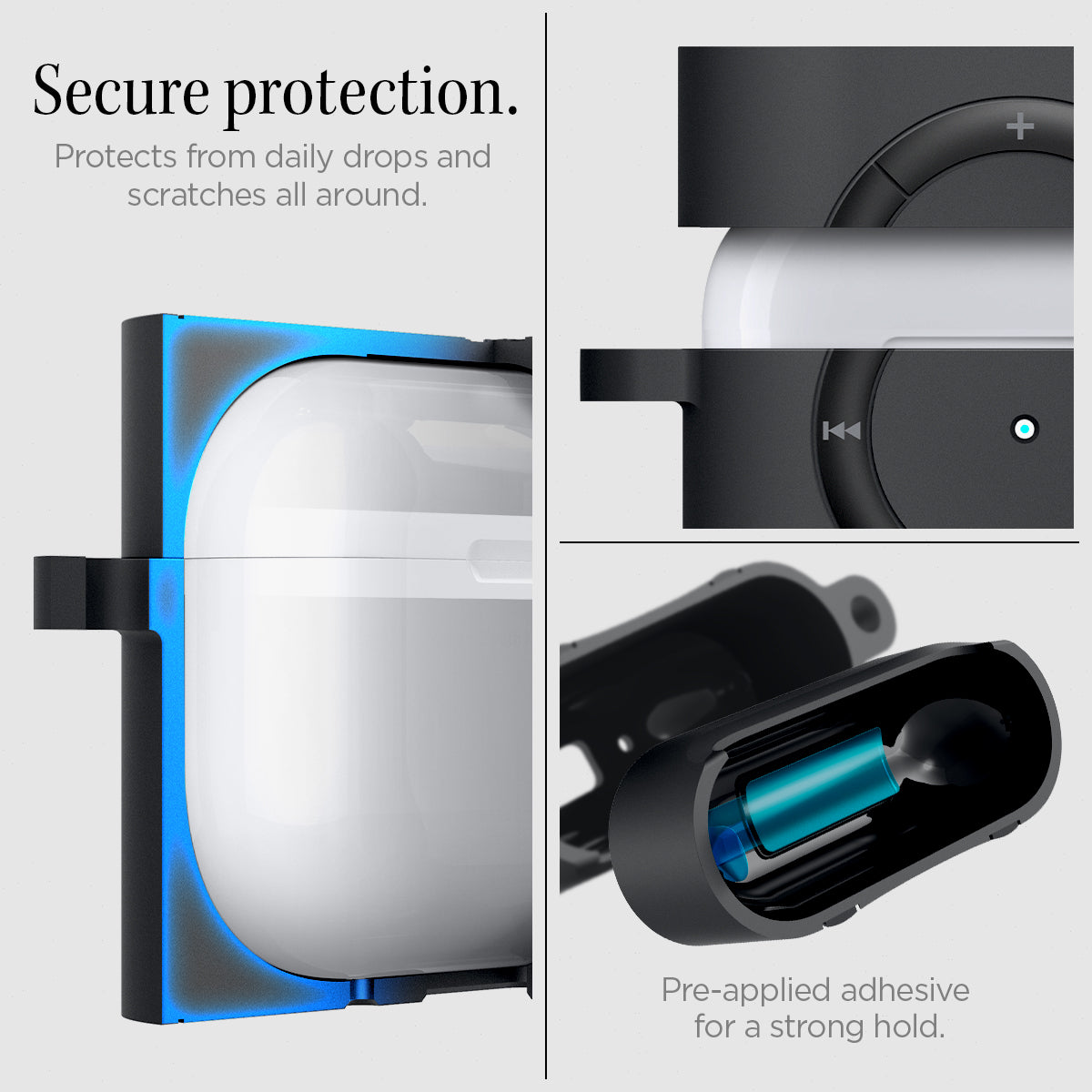 ACS05486 - Apple AirPods Pro 2 Case Classic Shuffle in charcoal showing the secure protection. Protects form daily drops and scratches all around. Pre-applied adhesive for a strong hold
