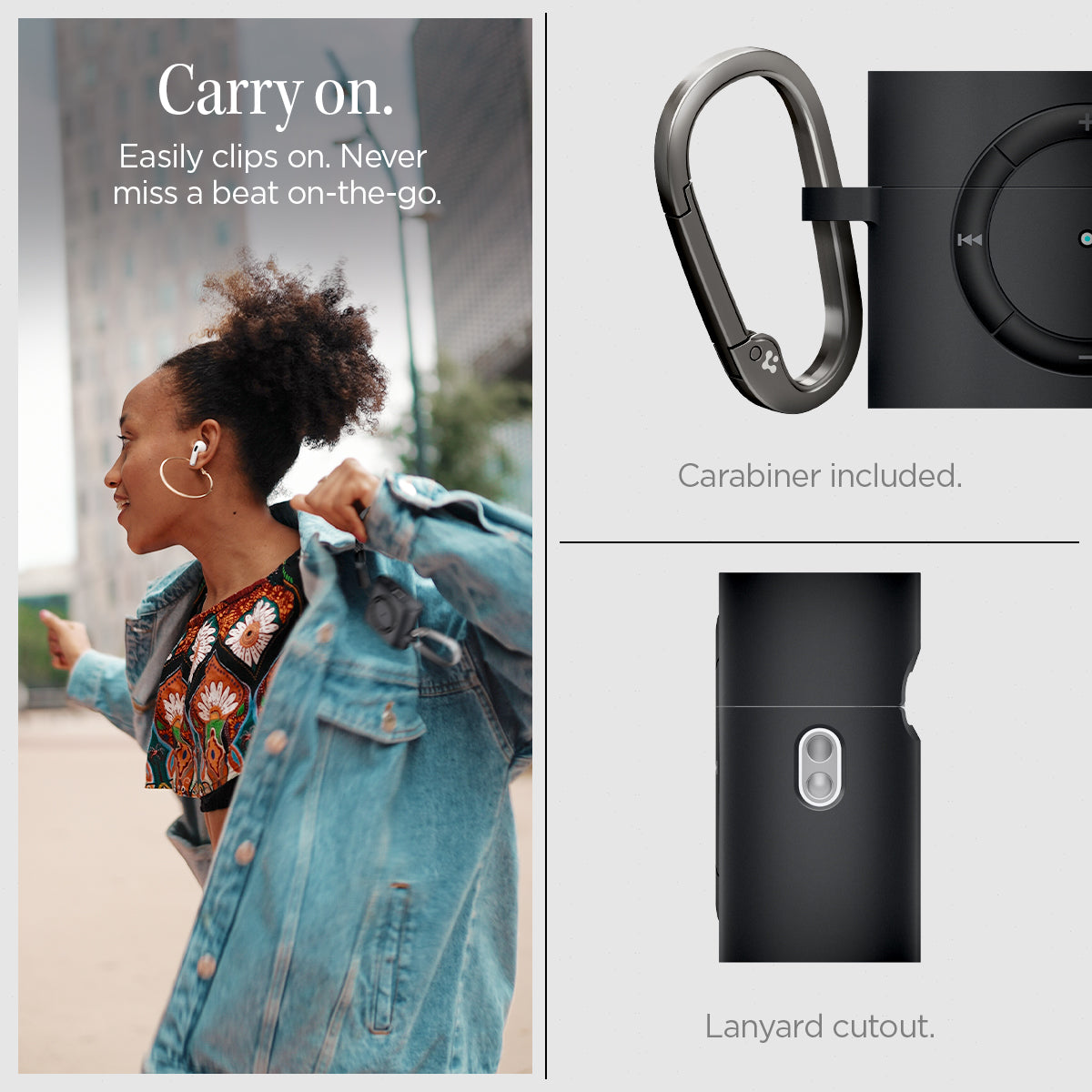 ACS05486 - Apple AirPods Pro 2 Case Classic Shuffle in charcoal showing how it easily clips on. Never miss a beat on-the-go. Carabiner included with lanyard cutout