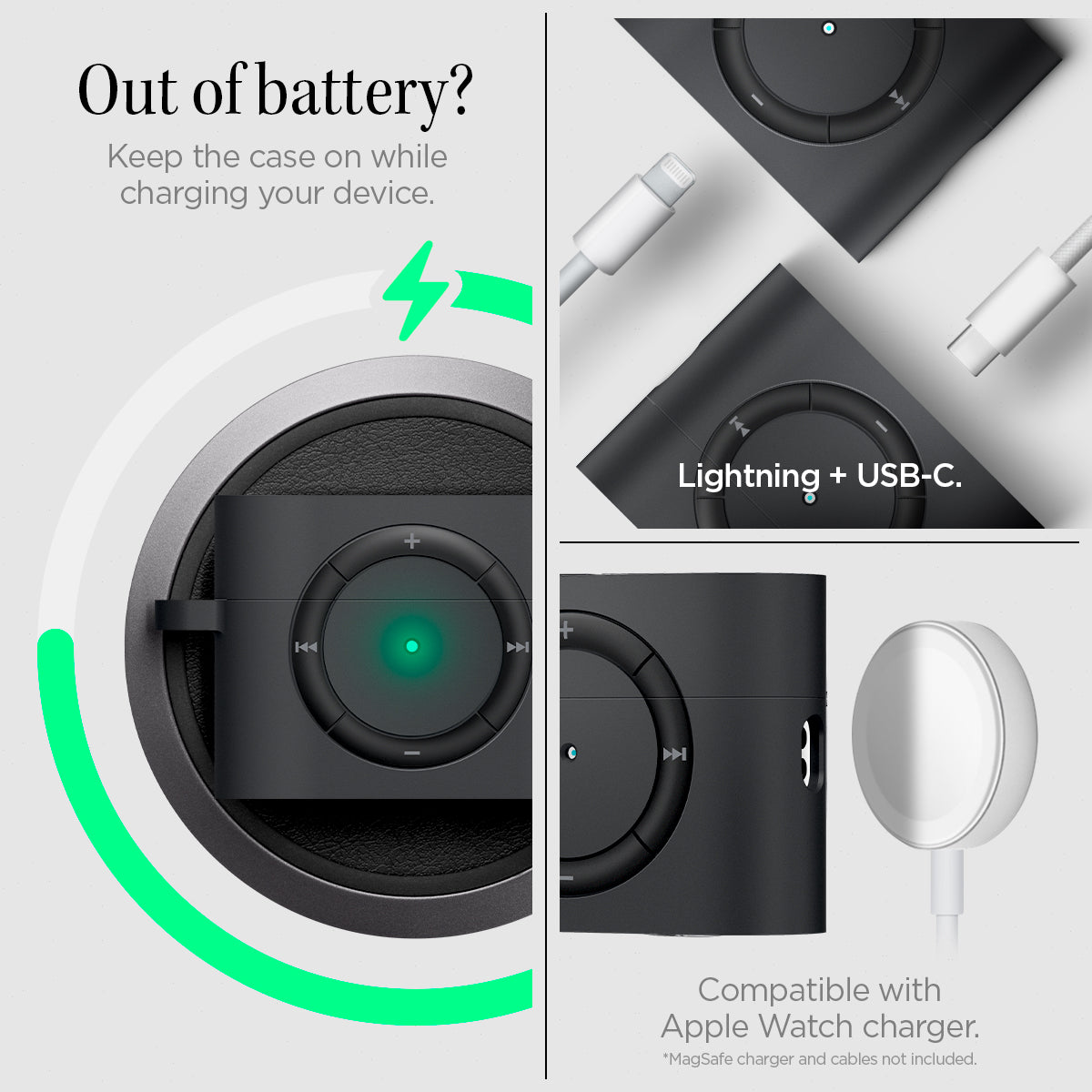 ACS05486 - Apple AirPods Pro 2 Case Classic Shuffle in charcoal showing how keeping the case on while charging your device. Lightining + USB-C. Compatible with Apple Watch charger