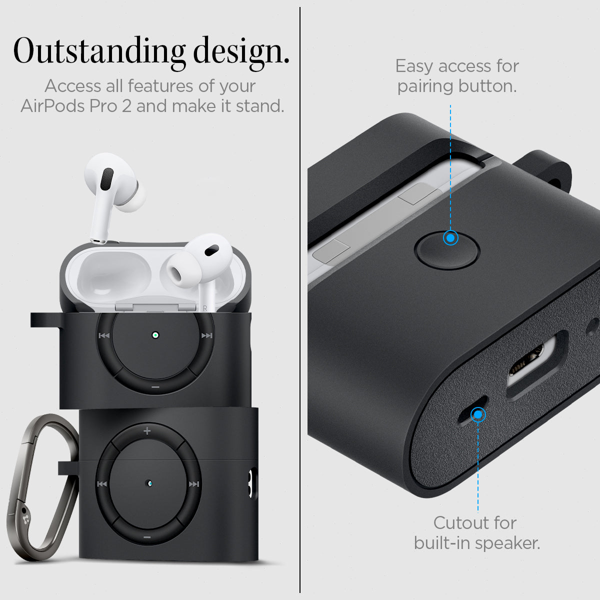 ACS05486 - Apple AirPods Pro 2 Case Classic Shuffle in charcoal showing the outstanding design. Access all features of your AirPods Pro 2 and make it stand. Easy access for pairing button with cutout for built-in speaker