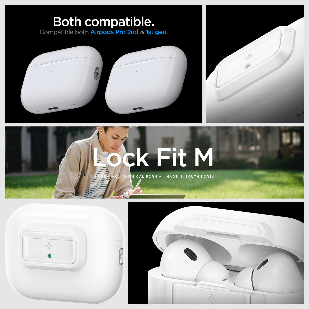 ASD06090 - Apple AirPods Pro / AirPods Pro 2 Case Lock Fit in white showing the compatibility. Compatible with both Airpods Pro 2nd & 1st gen