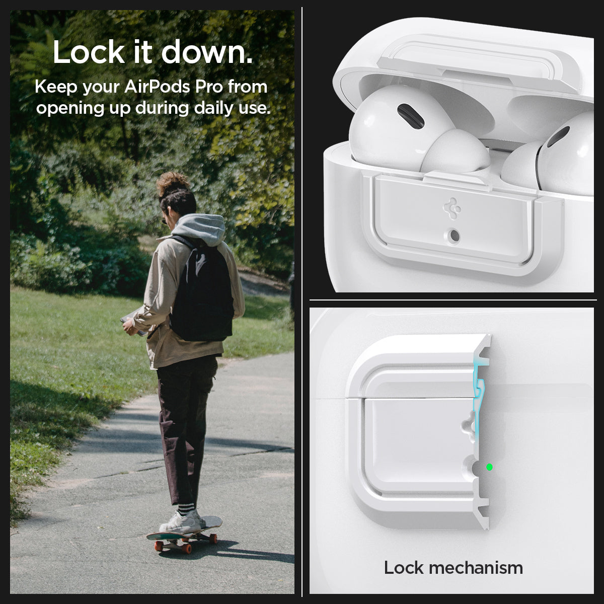 ASD06090 - Apple AirPods Pro / AirPods Pro 2 Case Lock Fit in white showing the lock it down. Keep your Airpods Pro from opening up during daily use