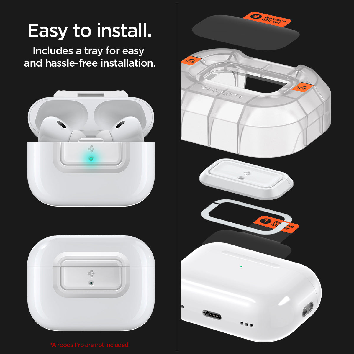 ASD06090 - Apple AirPods Pro / AirPods Pro 2 Case Lock Fit in white showing how easy it is to install. Includes a tray for easy and hassle-free installation