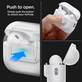 ASD06090 - Apple AirPods Pro / AirPods Pro 2 Case Lock Fit in white showing the push to open. Simply push the button to unlock your AirPods