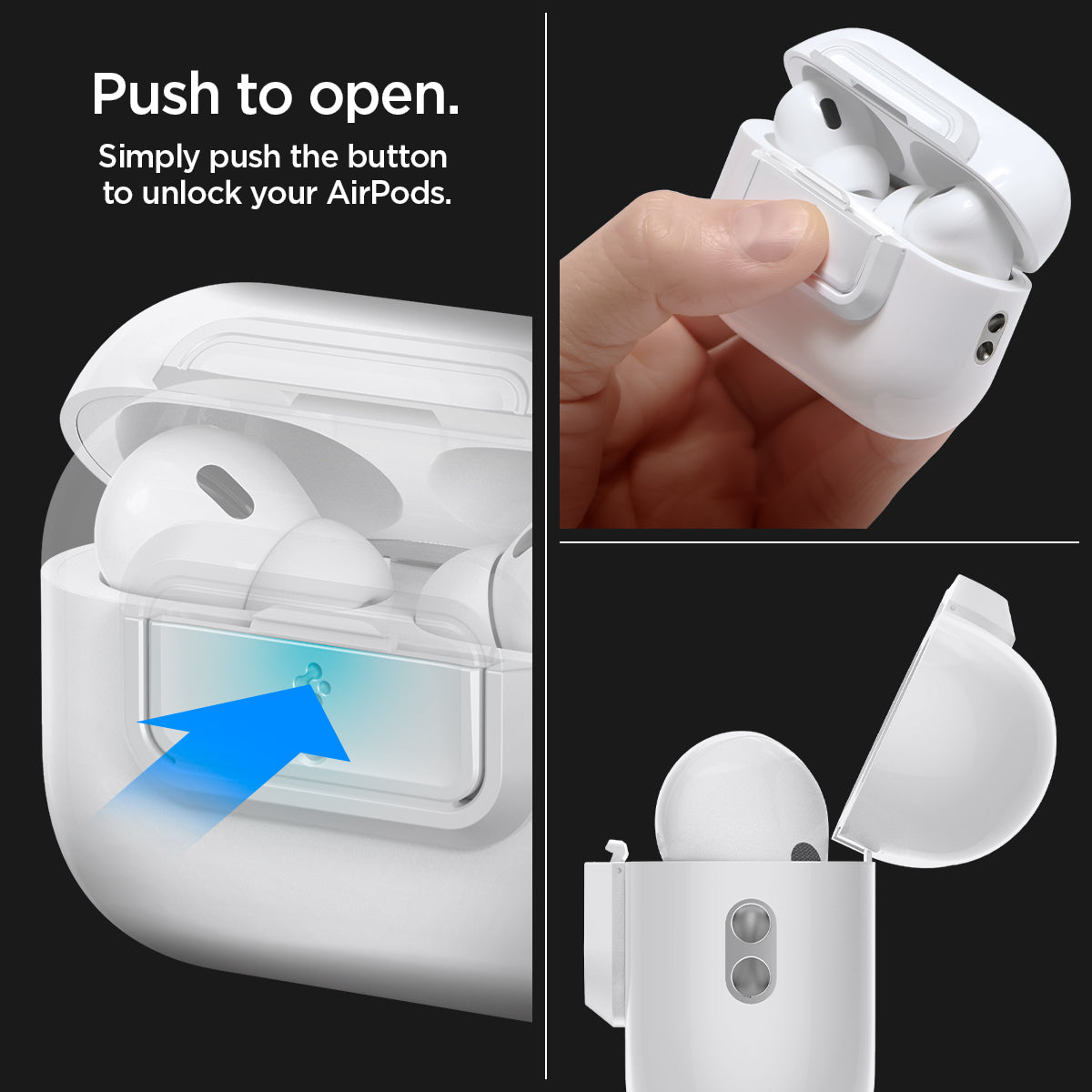 ASD06090 - Apple AirPods Pro / AirPods Pro 2 Case Lock Fit in white showing the push to open. Simply push the button to unlock your AirPods