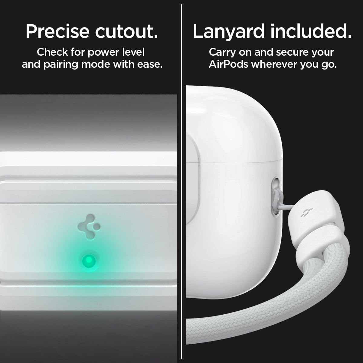 ASD06090 - Apple AirPods Pro / AirPods Pro 2 Case Lock Fit in white showing the precise cutout. Check for power level and pairing mode with ease. Lanyard included. Carry on and secure your AirPods wherever you go