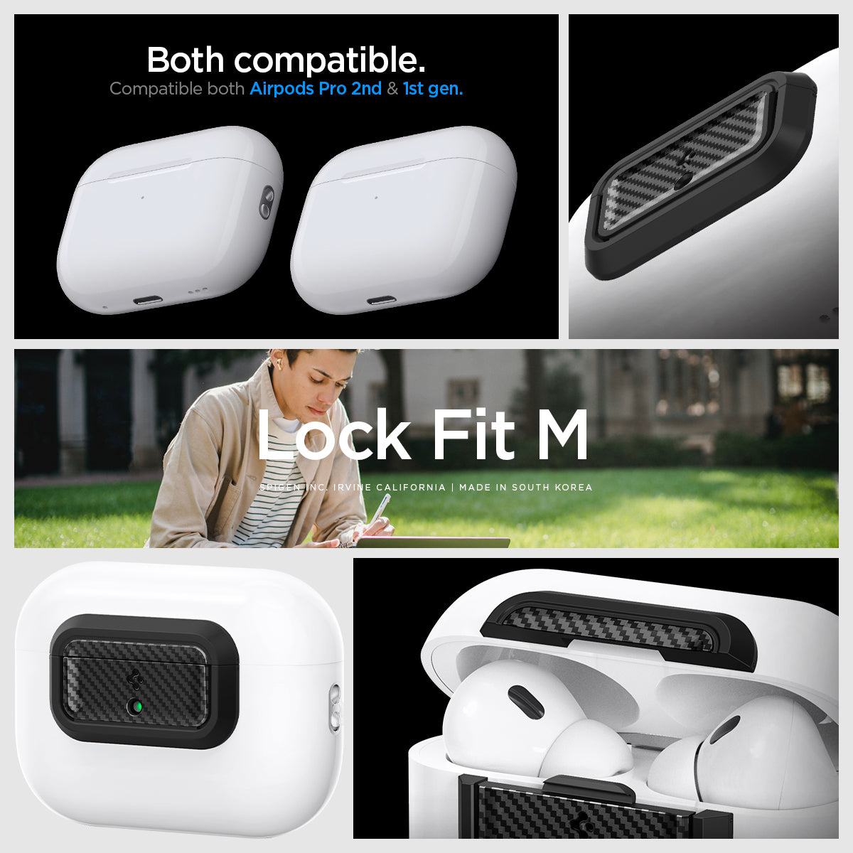 ASD06156 - AirPods Pro 2 Lock Fit M in Carbon showing the compatibility. Compatible with both Airpods Pro 2nd & 1st gen