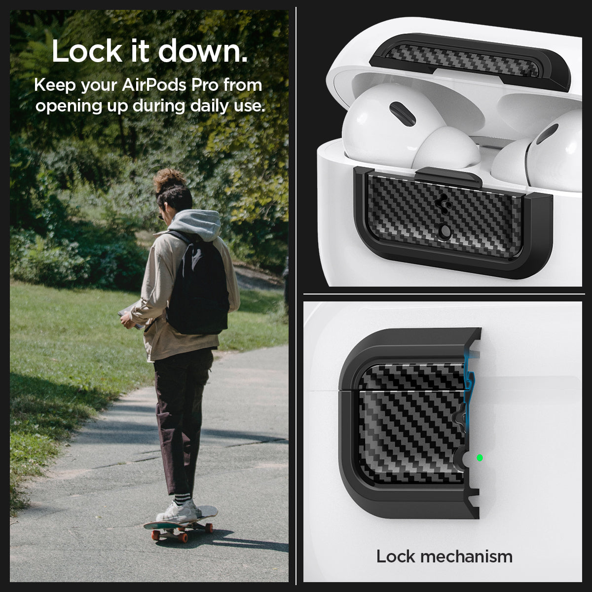 ASD06156 - AirPods Pro 2 Lock Fit M in Carbon showing the lock it down. Keep your Airpods Pro from opening up during daily use
