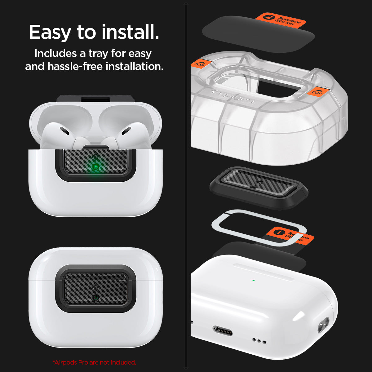 ASD06156 - AirPods Pro 2 Lock Fit M in Carbon showing how easy it is to install. Includes a tray for easy and hassle-free installation