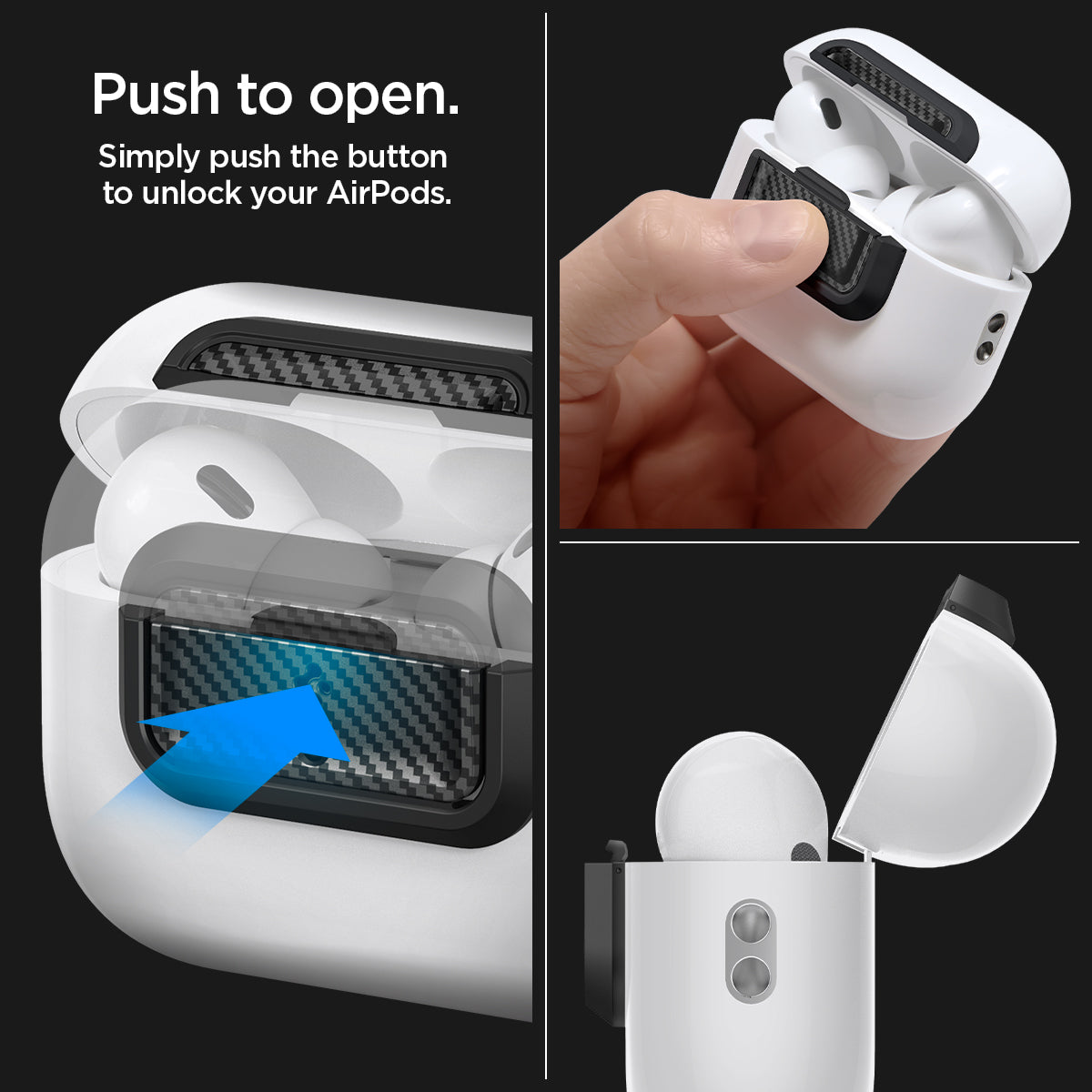 ASD06156 - AirPods Pro 2 Lock Fit M in Carbon showing the push to open. Simply push the button to unlock your AirPods
