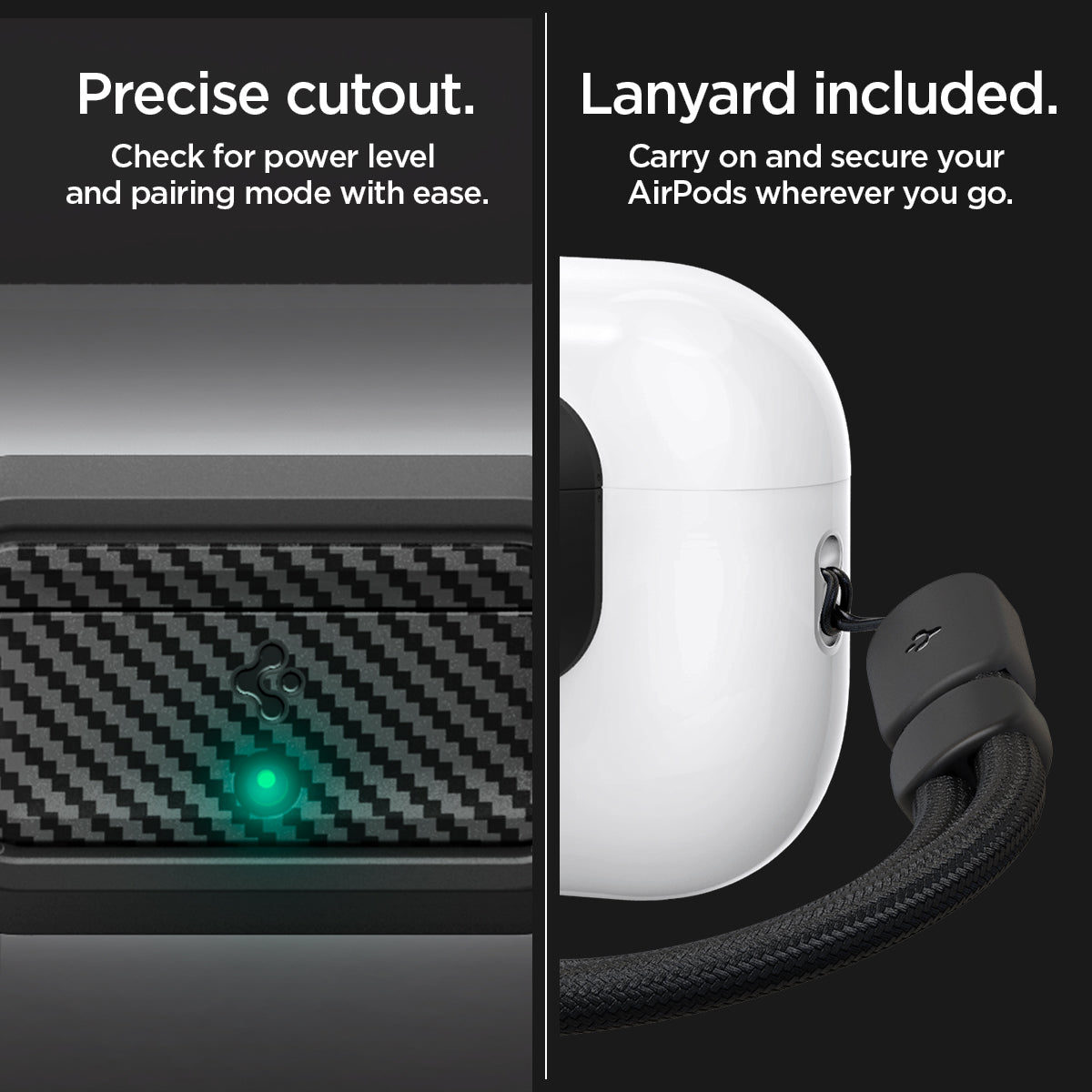 ASD06156 - AirPods Pro 2 Lock Fit M in Carbon showing the precise cutout. Check for power level and pairing mode with ease. Lanyard included. Carry on and secure your AirPods wherever you go